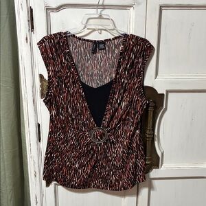 New Directions Red and Black Patterned Blouse with Ring Accent